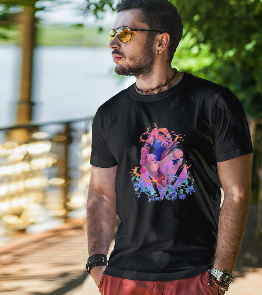 Skateboard Knight Neon Fantasy Warrior On Shredding Skeletons T-Shirt