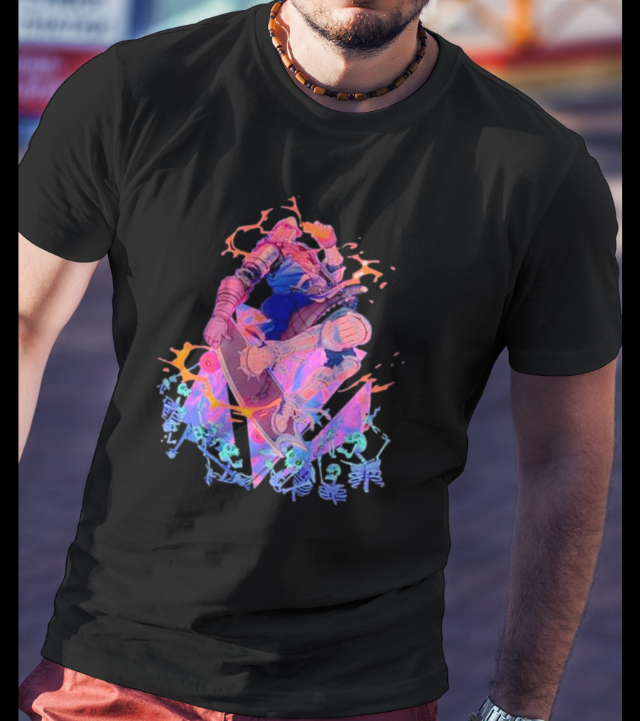 Skateboard Knight Neon Fantasy Warrior On Shredding Skeletons T-Shirt
