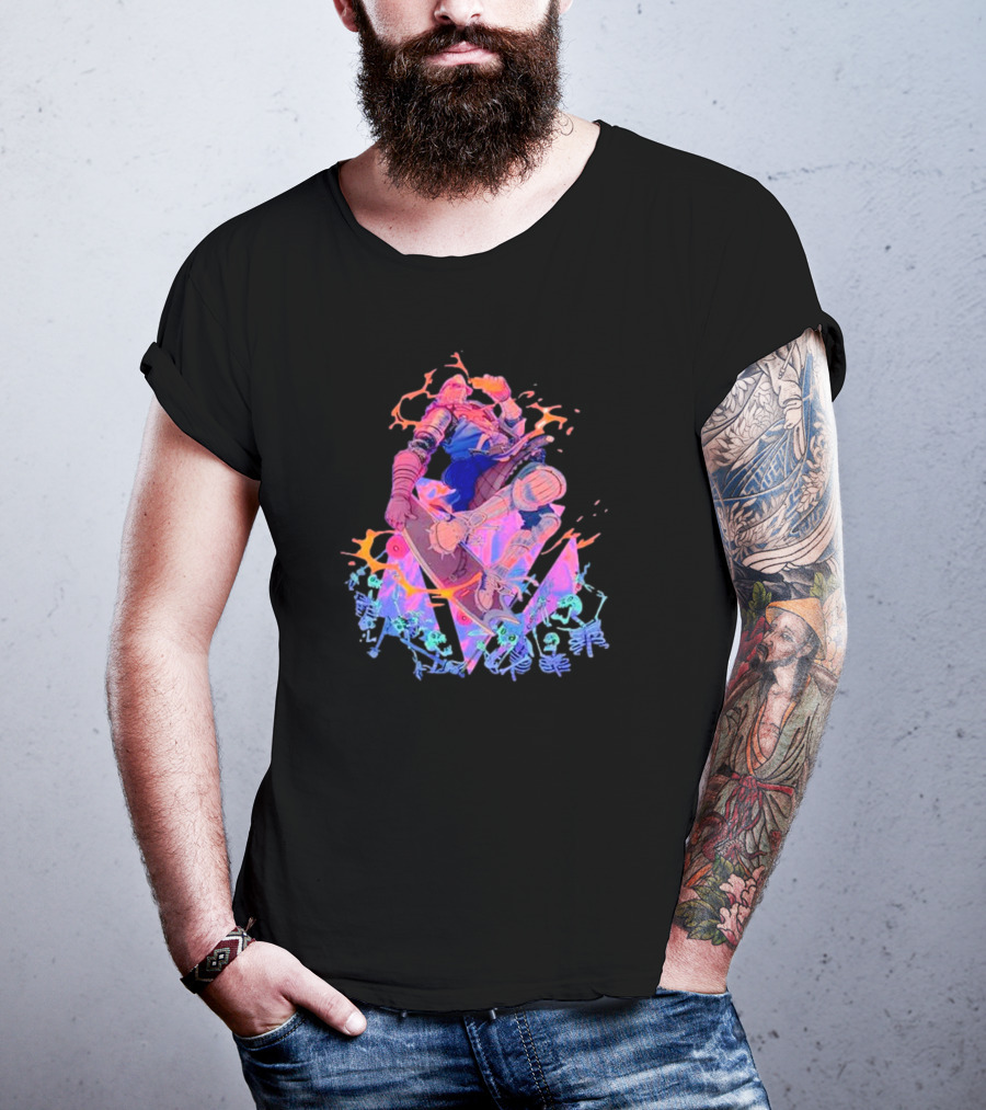 Skateboard Knight Neon Fantasy Warrior On Shredding Skeletons T-Shirt