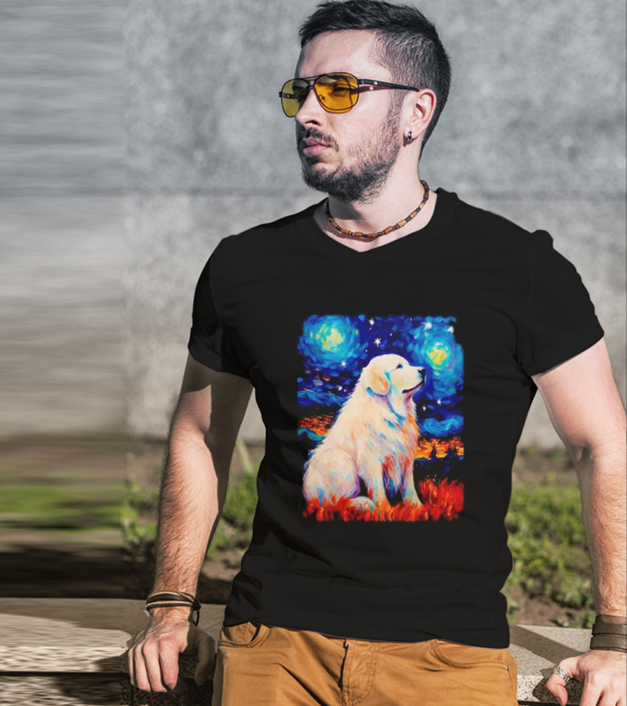 Starry Night Great Dog Van Gogh Style Golden Retriever T-Shirt