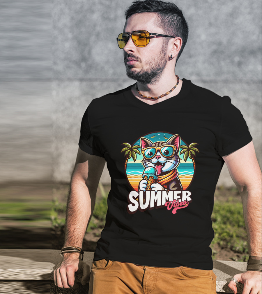 Summer Vibes Cat With Sunglasses And Ice Cream Ocean Sunset Palms T-Shirt