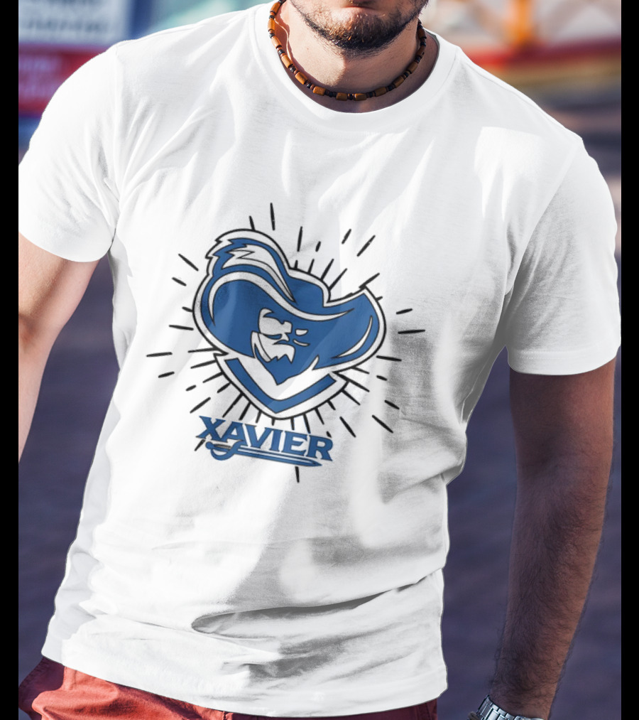 Xavier Musketeer Bold Blue Emblem With Radiating Lines T-Shirt