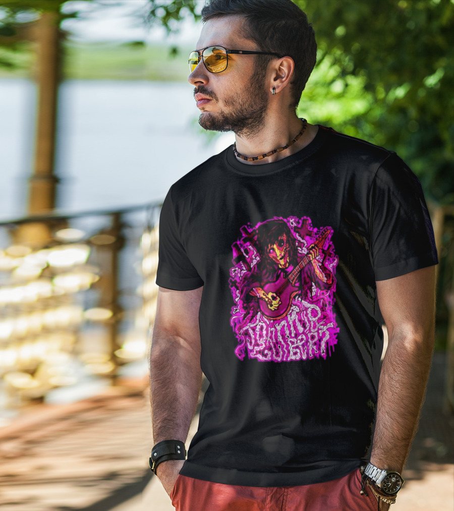 Zombie Johnnie Guilbert Playing Guitar With Purple Light And Crosses Background T-Shirt