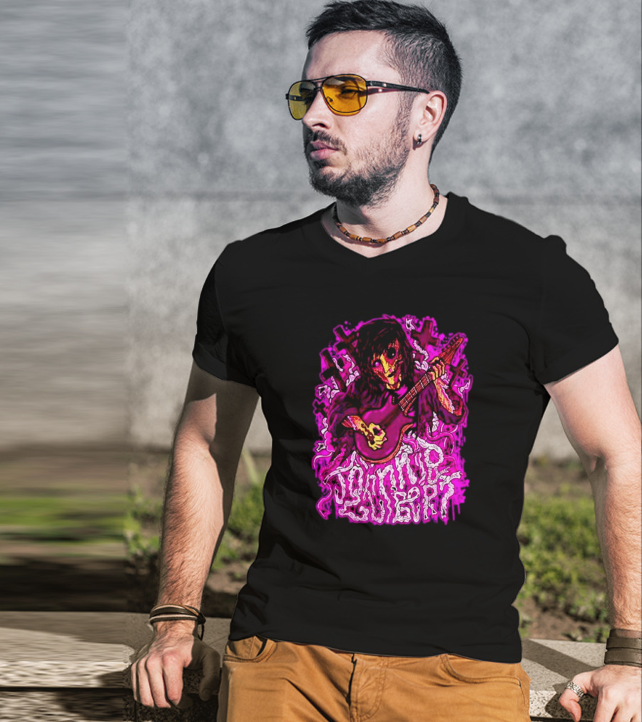 Zombie Johnnie Guilbert Playing Guitar With Purple Light And Crosses Background T-Shirt