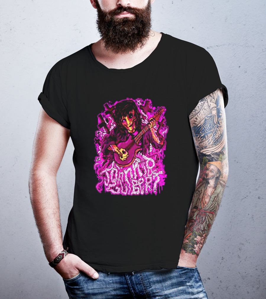 Zombie Johnnie Guilbert Playing Guitar With Purple Light And Crosses Background T-Shirt
