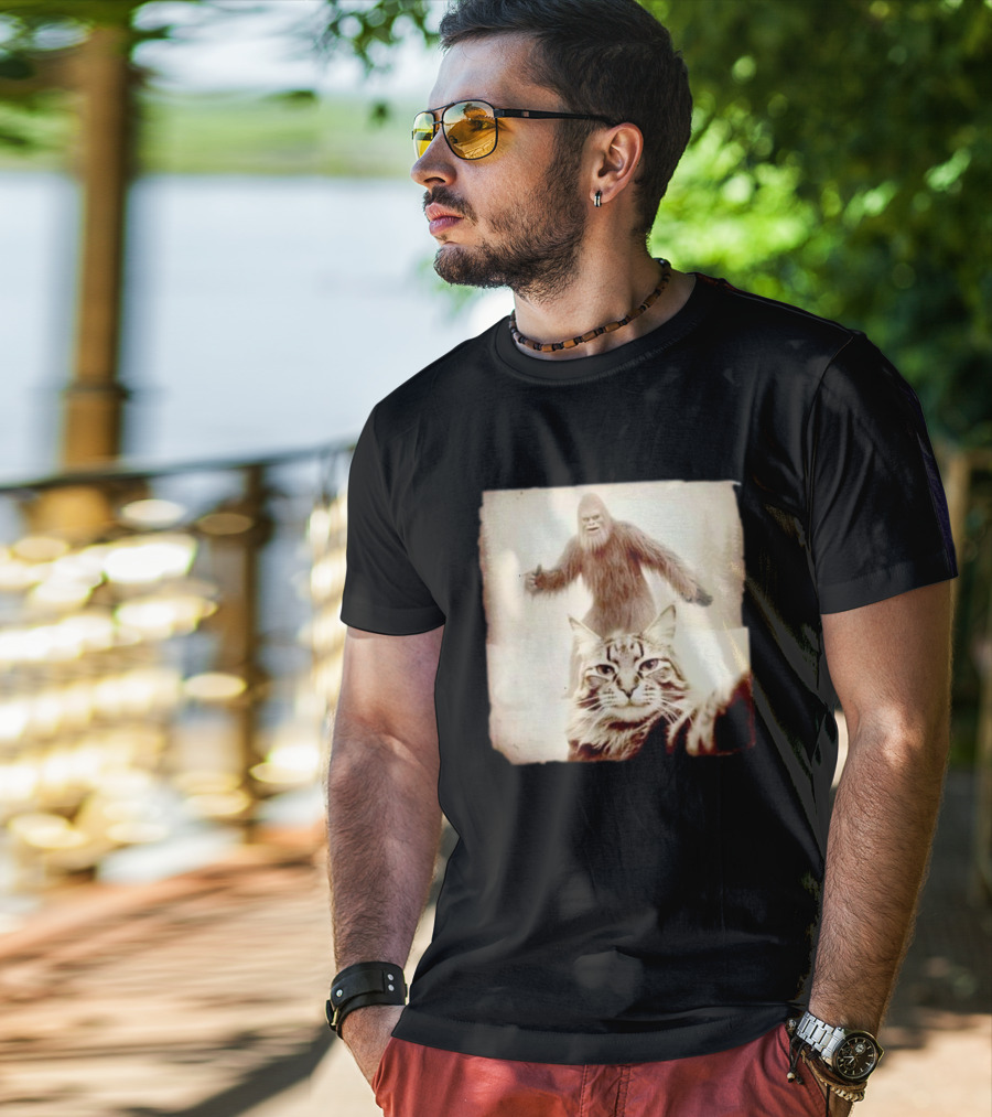Cat Taking Selfie With Bigfoot In Snowy Forest Scene T-Shirt