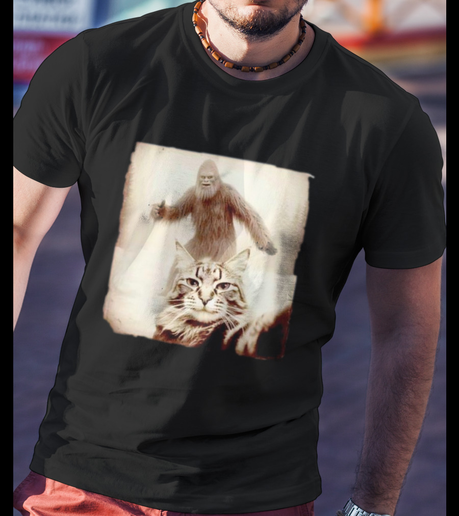 Cat Taking Selfie With Bigfoot In Snowy Forest Scene T-Shirt