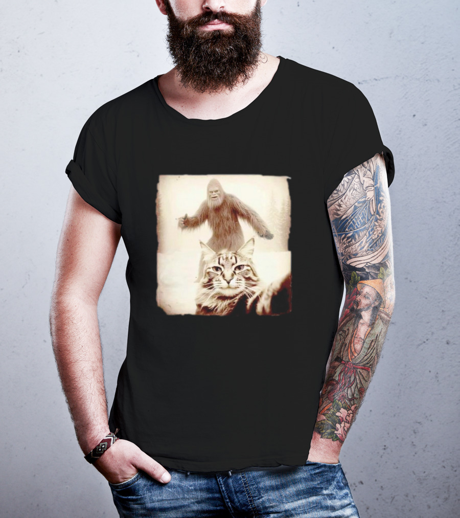 Cat Taking Selfie With Bigfoot In Snowy Forest Scene T-Shirt
