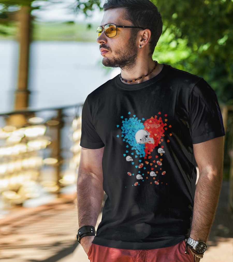 Aqua And Orange Miami Dolphins Hearts And Helmets Football T-Shirt