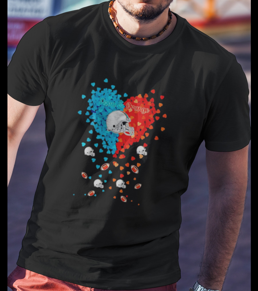 Aqua And Orange Miami Dolphins Hearts And Helmets Football T-Shirt