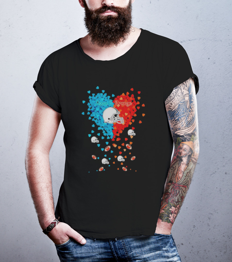 Aqua And Orange Miami Dolphins Hearts And Helmets Football T-Shirt