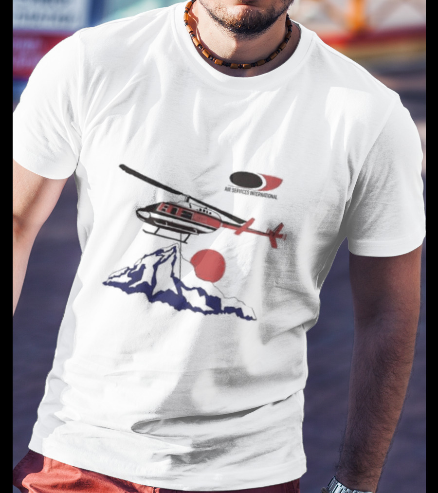 Air Services International Helicopter Over Mountain And Red Sun T-Shirt