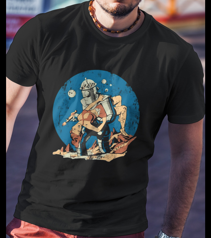 Damselindistress Retro Robot Romance Vintage Sci-Fi Space Adventure T-Shirt