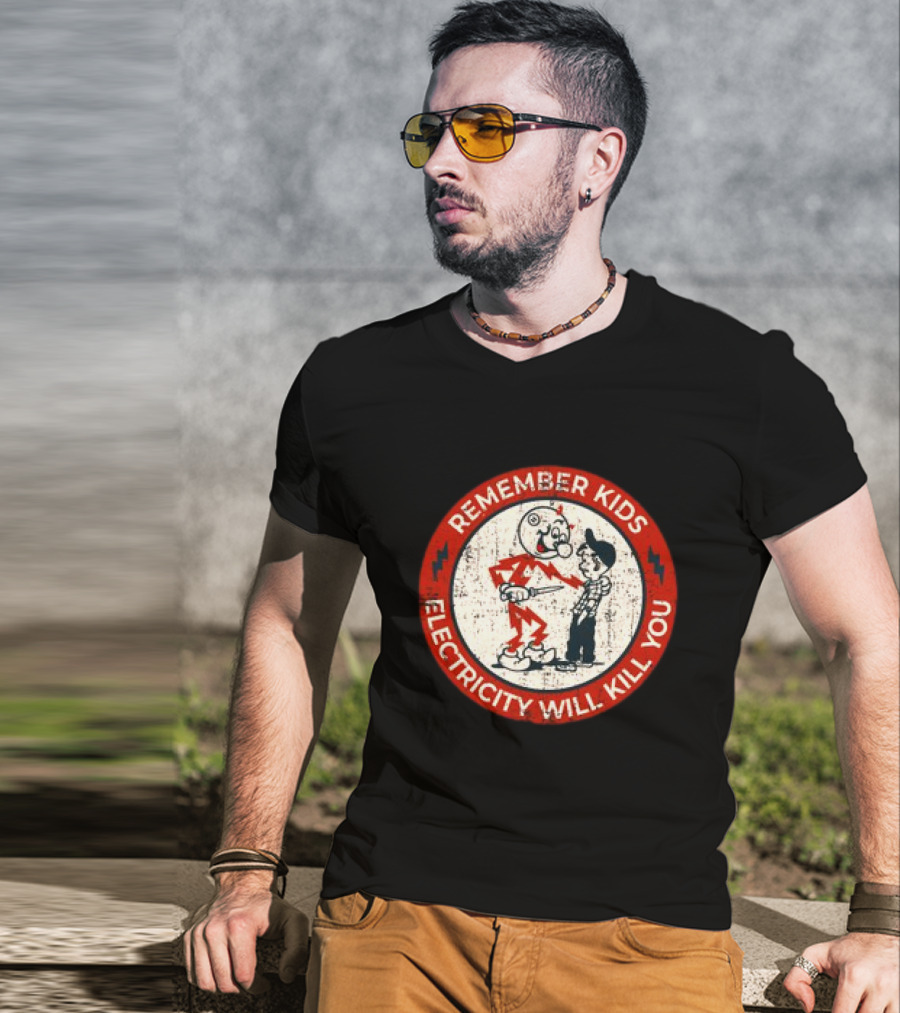Remember Kids Electricity Will Kill You Warning Circle Lightning Bolt T-Shirt