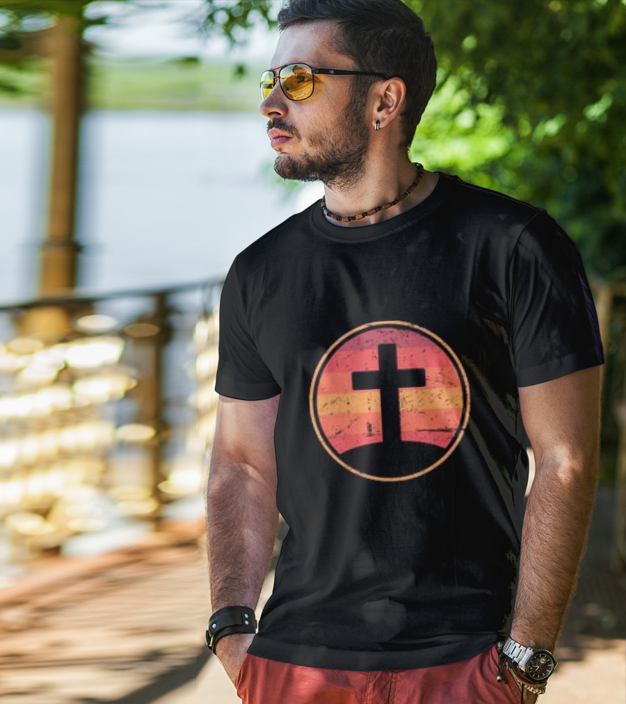 Retro Christian Cross Vintage Sunset On Champion T-Shirt