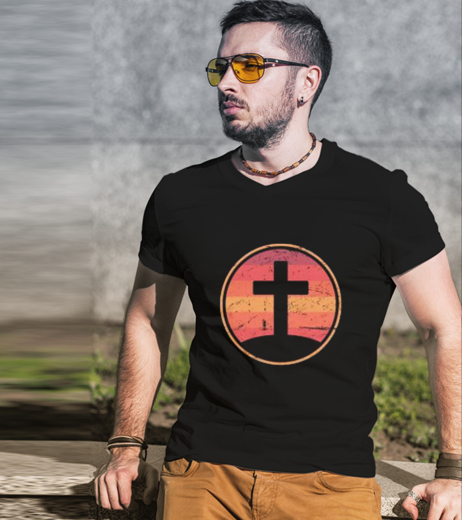 Retro Christian Cross Vintage Sunset On Champion T-Shirt
