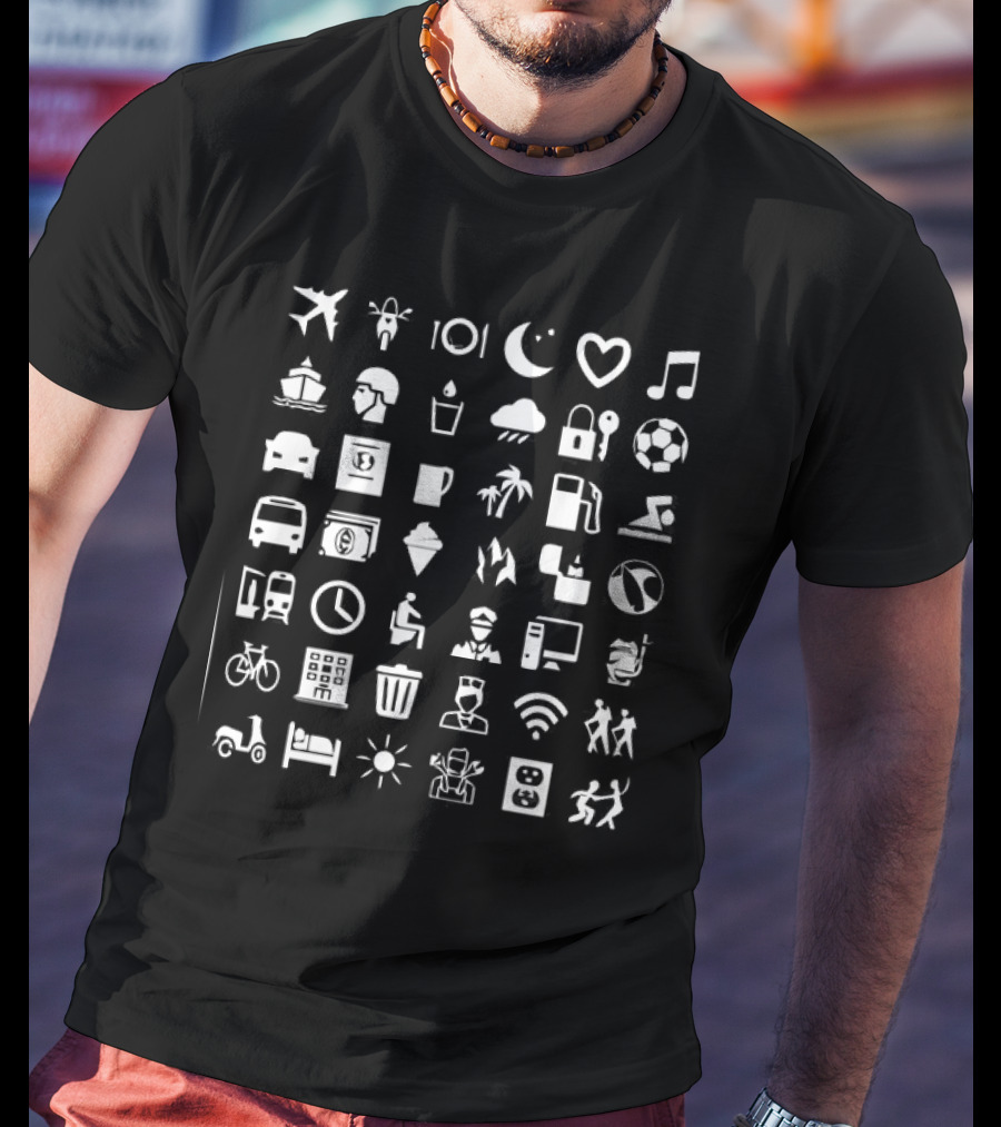 Symbol Travel Icons Airplane Music Bicycle Coffee Mug WiFi Soccer Bed Scooter Sun Plug Adventure T-Shirt