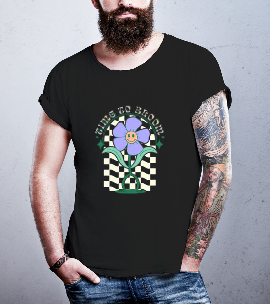 Time To Bloom Flower With Checkerboard Background And Smiley Face T-Shirt