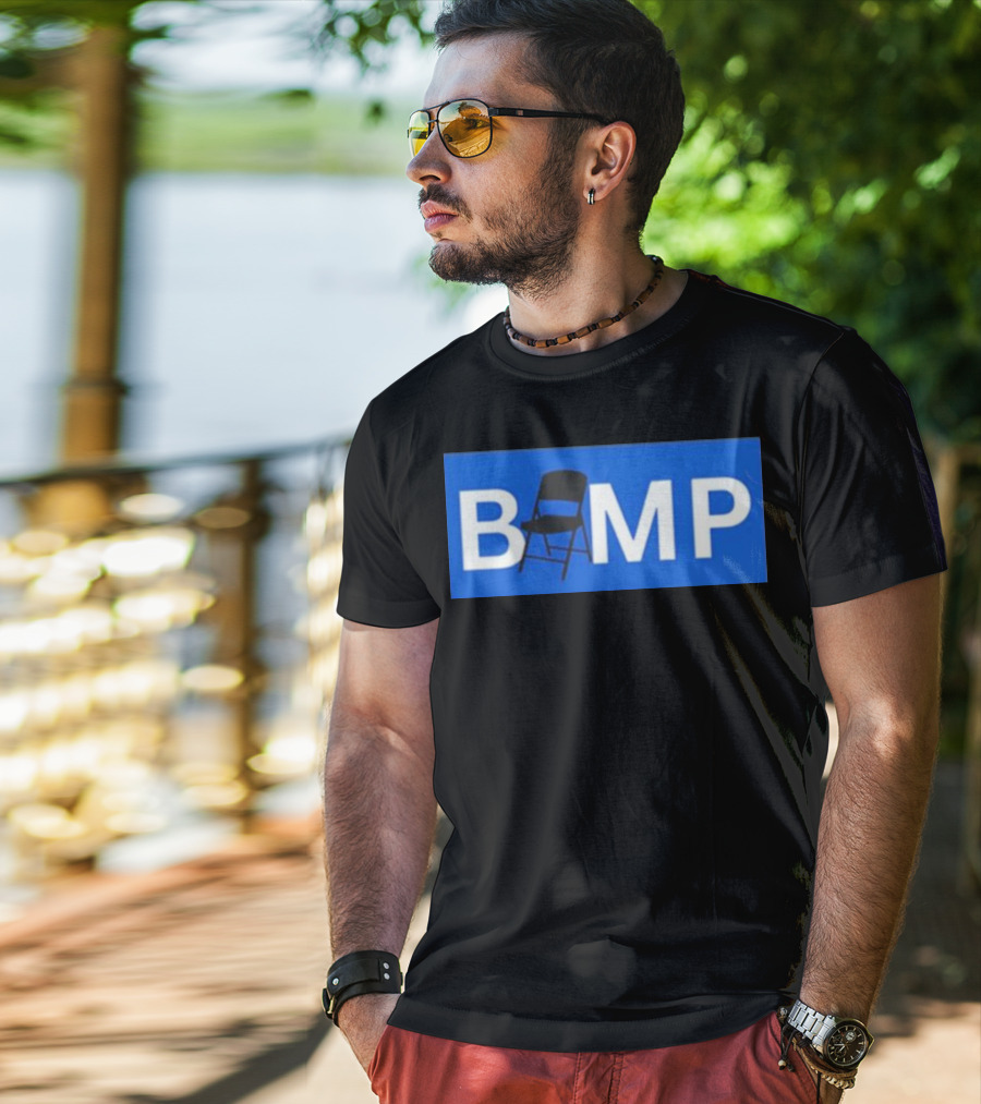 Bump Chair Logo With Folding Chair In Blue Block Letters T-Shirt