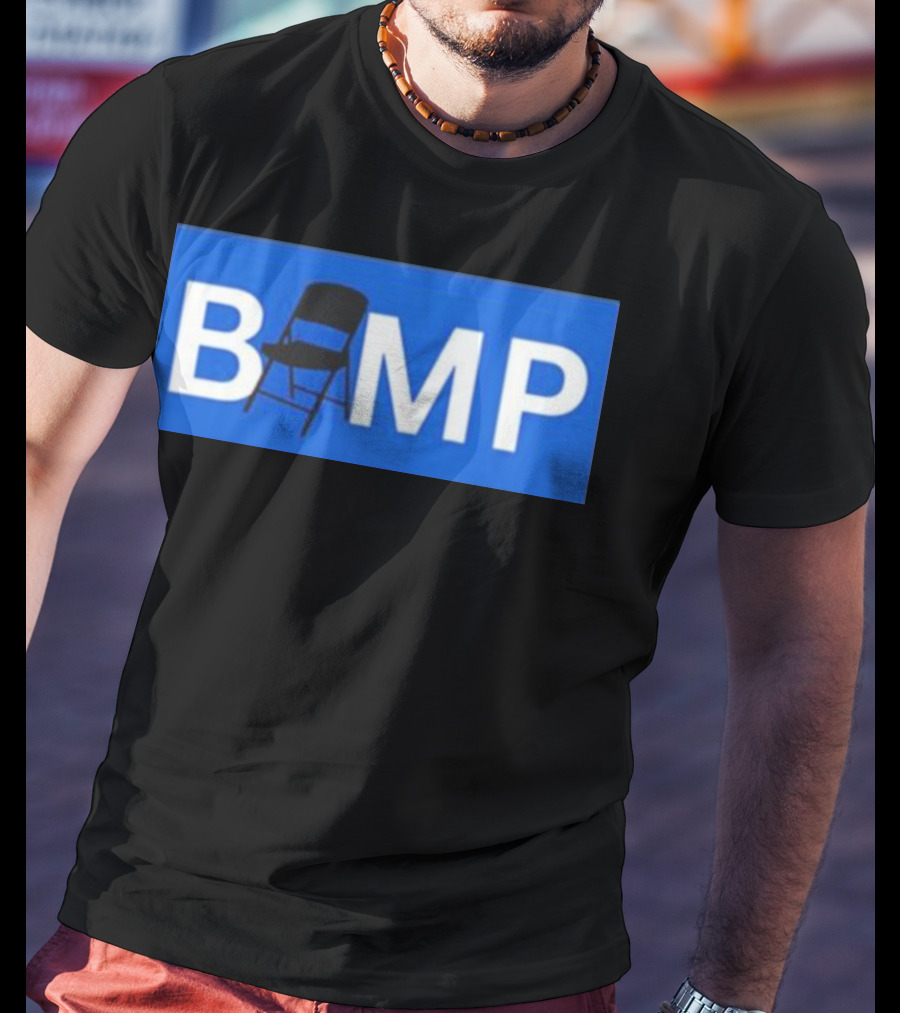 Bump Chair Logo With Folding Chair In Blue Block Letters T-Shirt