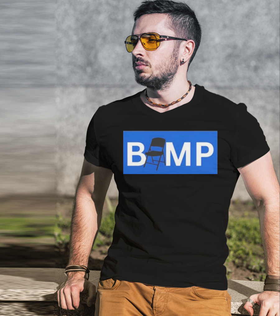 Bump Chair Logo With Folding Chair In Blue Block Letters T-Shirt