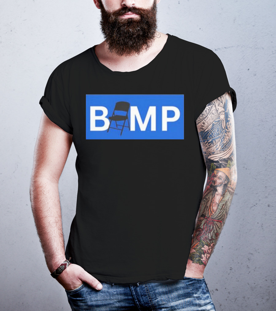 Bump Chair Logo With Folding Chair In Blue Block Letters T-Shirt