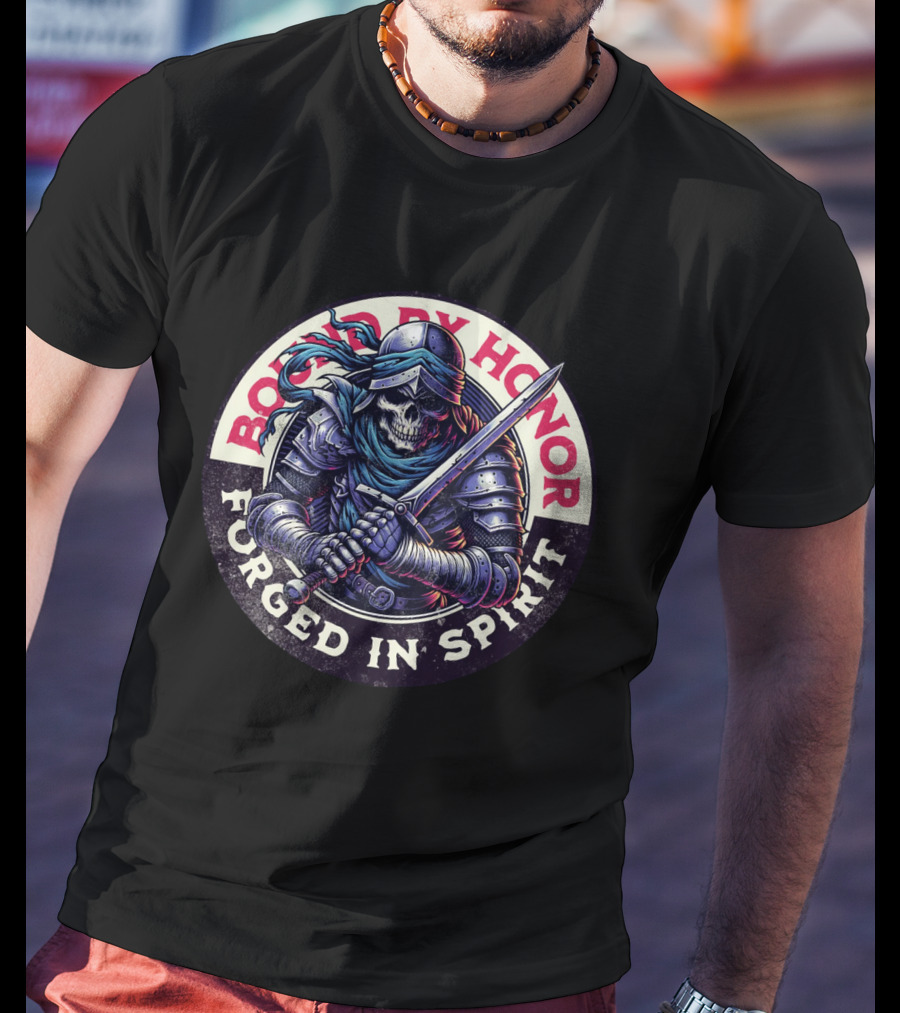 Bound By Honor Forged In Spirit Knight Skull With Sword T-Shirt