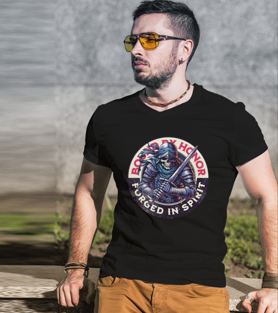 Bound By Honor Forged In Spirit Knight Skull With Sword T-Shirt