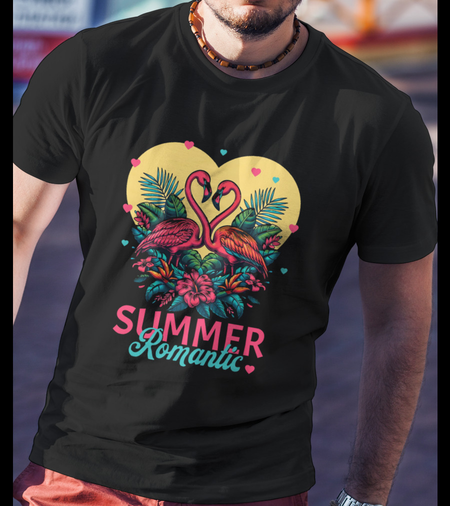 Summer Romantic Flamingo Birds Love Heart And Tropical Flowers T-Shirt