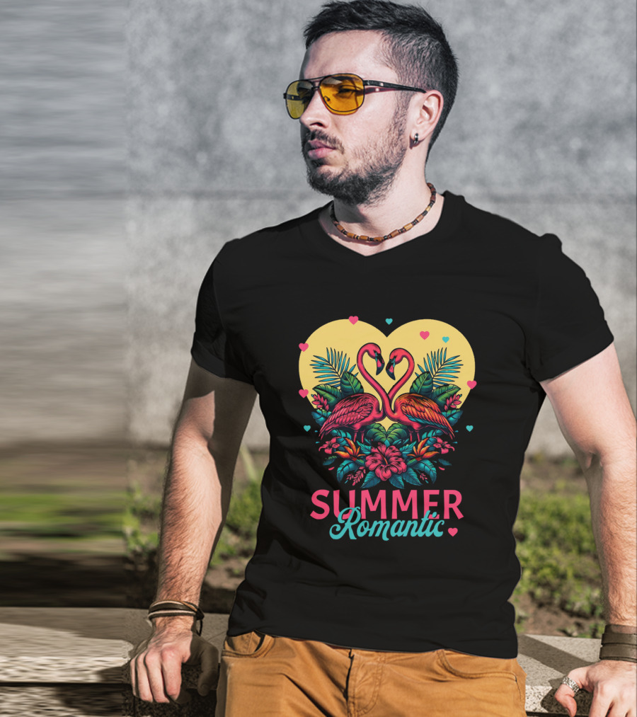 Summer Romantic Flamingo Birds Love Heart And Tropical Flowers T-Shirt