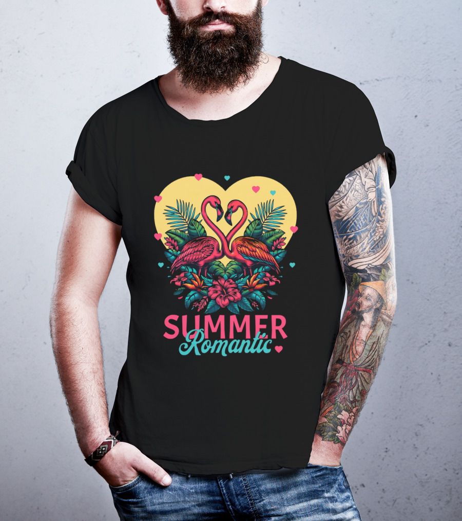 Summer Romantic Flamingo Birds Love Heart And Tropical Flowers T-Shirt
