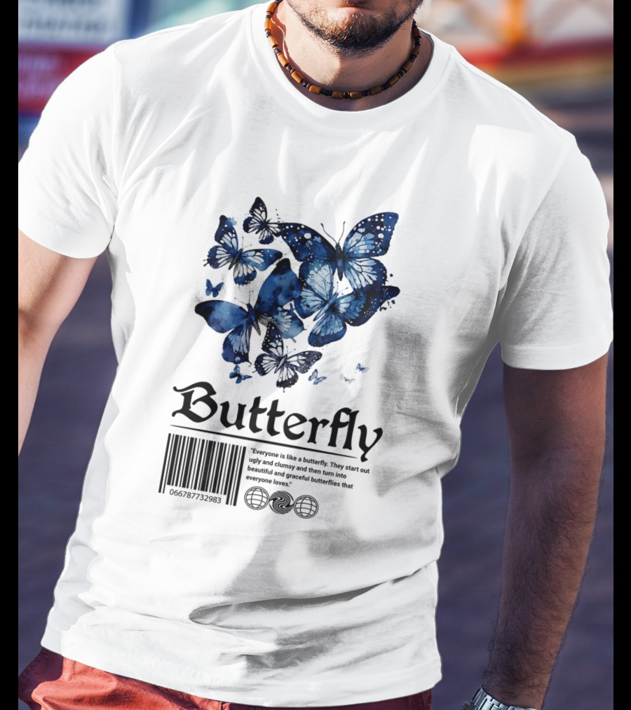 Butterfly Minimal Elegant Blue Watercolor Theme With Graceful Quote And Barcode T-Shirt