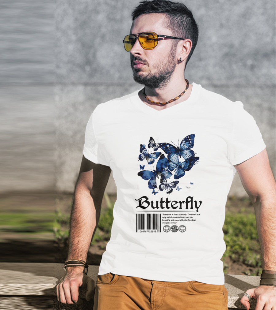 Butterfly Minimal Elegant Blue Watercolor Theme With Graceful Quote And Barcode T-Shirt