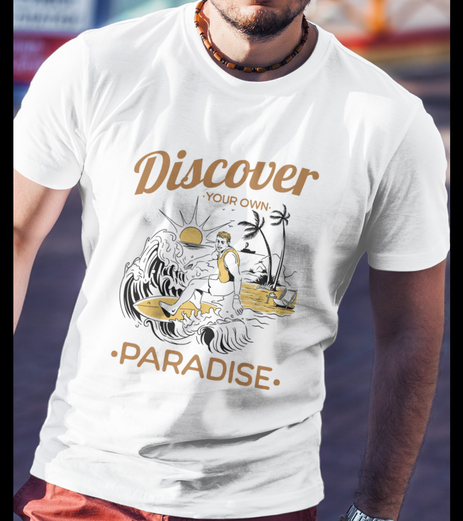 Discover Your Own Paradise Surfer Sunset Scene T-Shirt