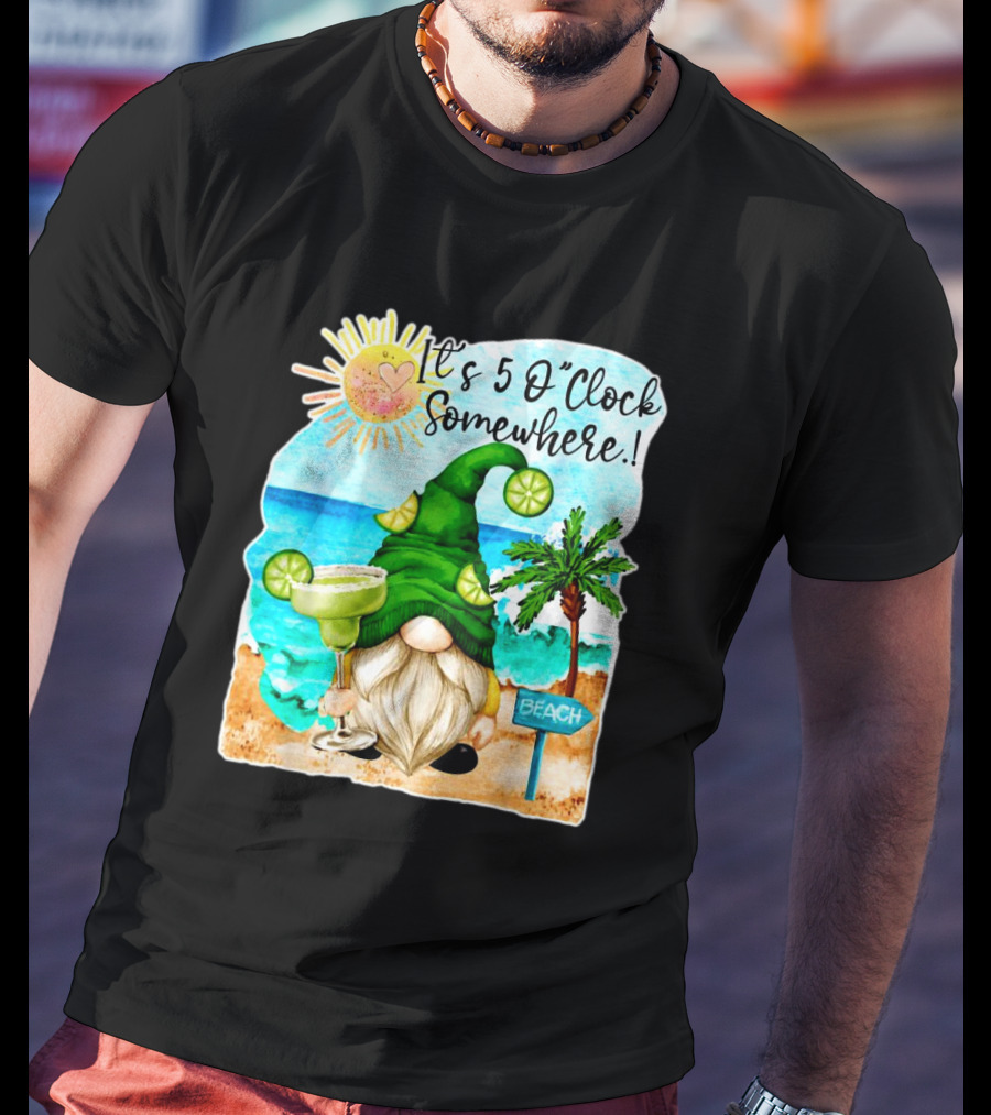 Margarita Gnome It’s 5 O’Clock Somewhere Palm Trees Beach Scene T-Shirt