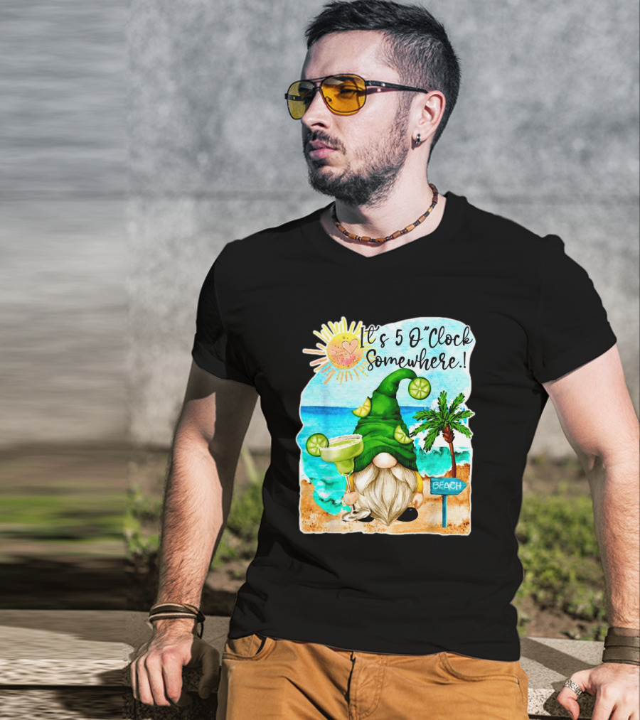 Margarita Gnome It’s 5 O’Clock Somewhere Palm Trees Beach Scene T-Shirt