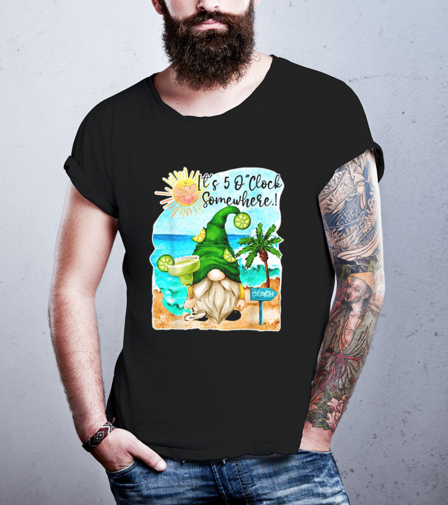 Margarita Gnome It’s 5 O’Clock Somewhere Palm Trees Beach Scene T-Shirt