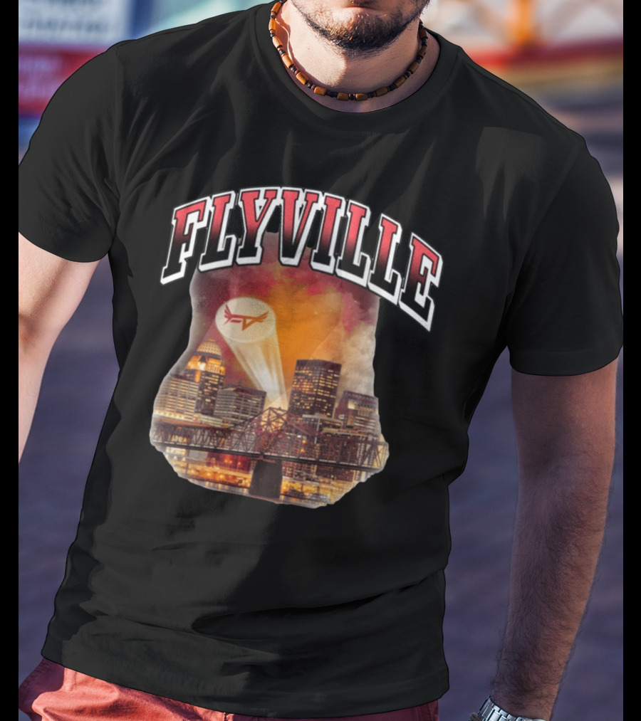 Flyville Skyline With Spotlight Logo Over City Bridge T-Shirt