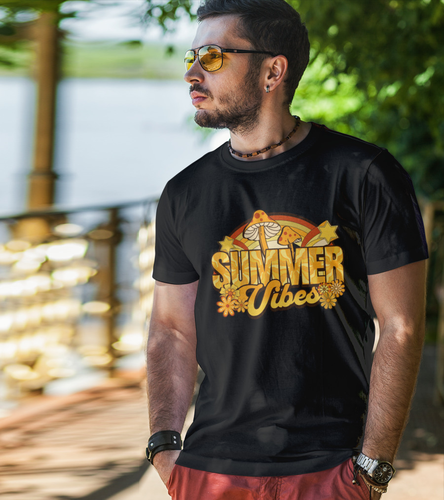 Groovy Summer Vibes With Mushroom And Flower Rainbow T-Shirt