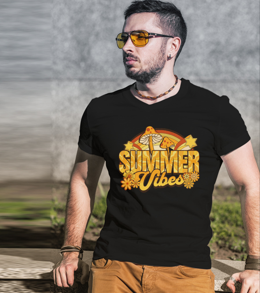Groovy Summer Vibes With Mushroom And Flower Rainbow T-Shirt
