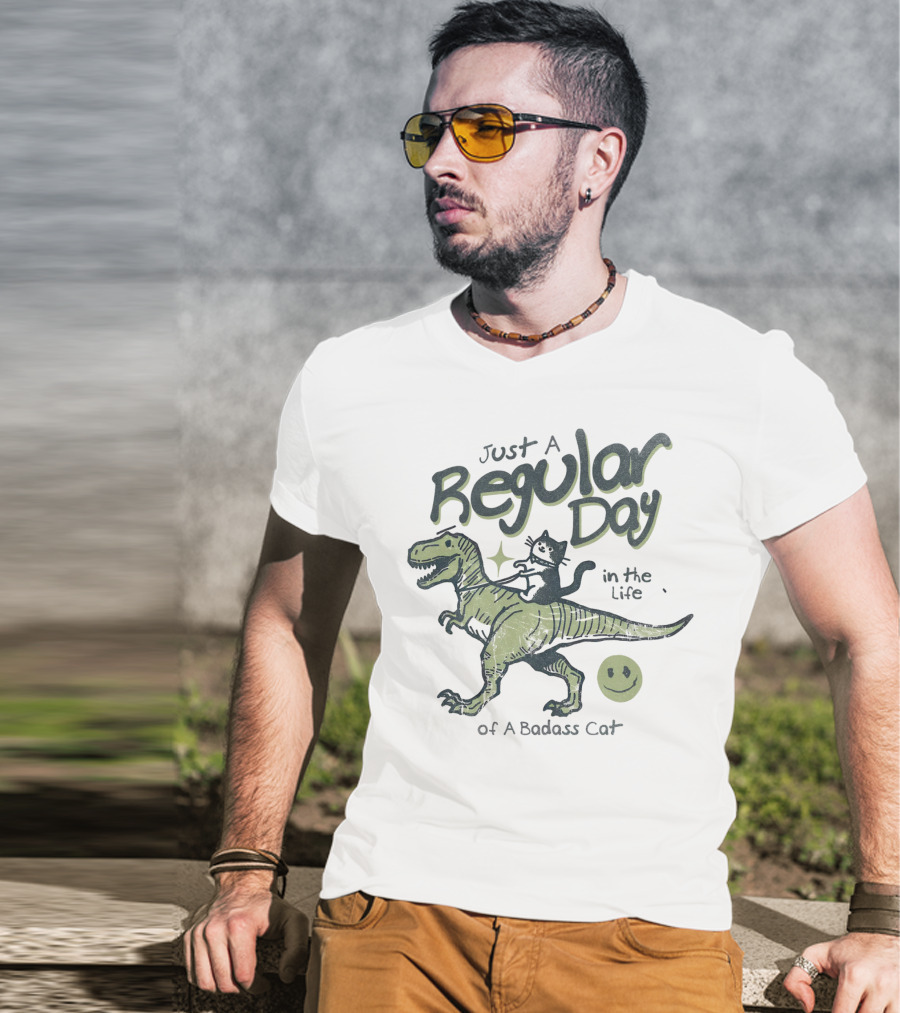 Just A Regular Day In The Life Of A Badass Cat Riding Dinosaur T-Shirt
