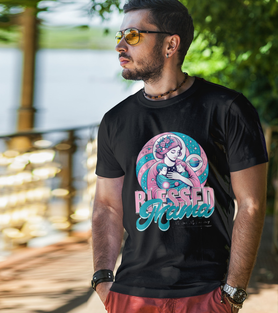 Blessed Mama Cosmic Mother With Children And Floral Halo T-Shirt
