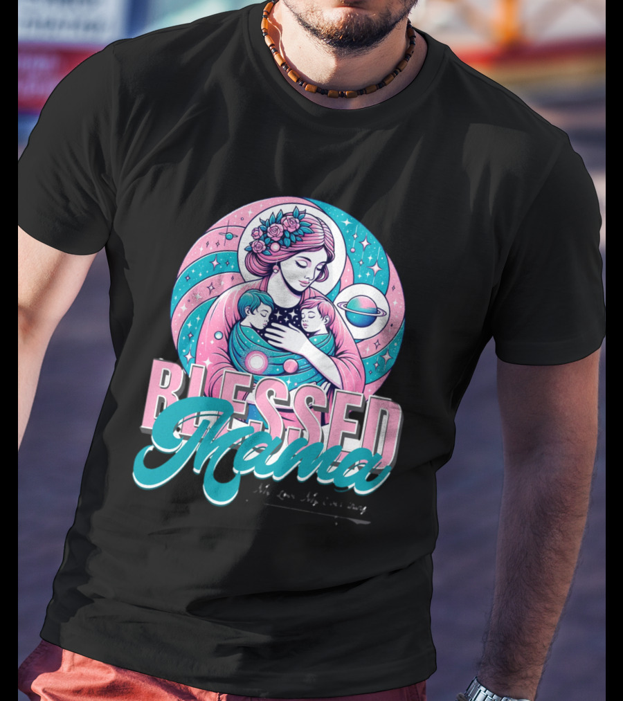 Blessed Mama Cosmic Mother With Children And Floral Halo T-Shirt