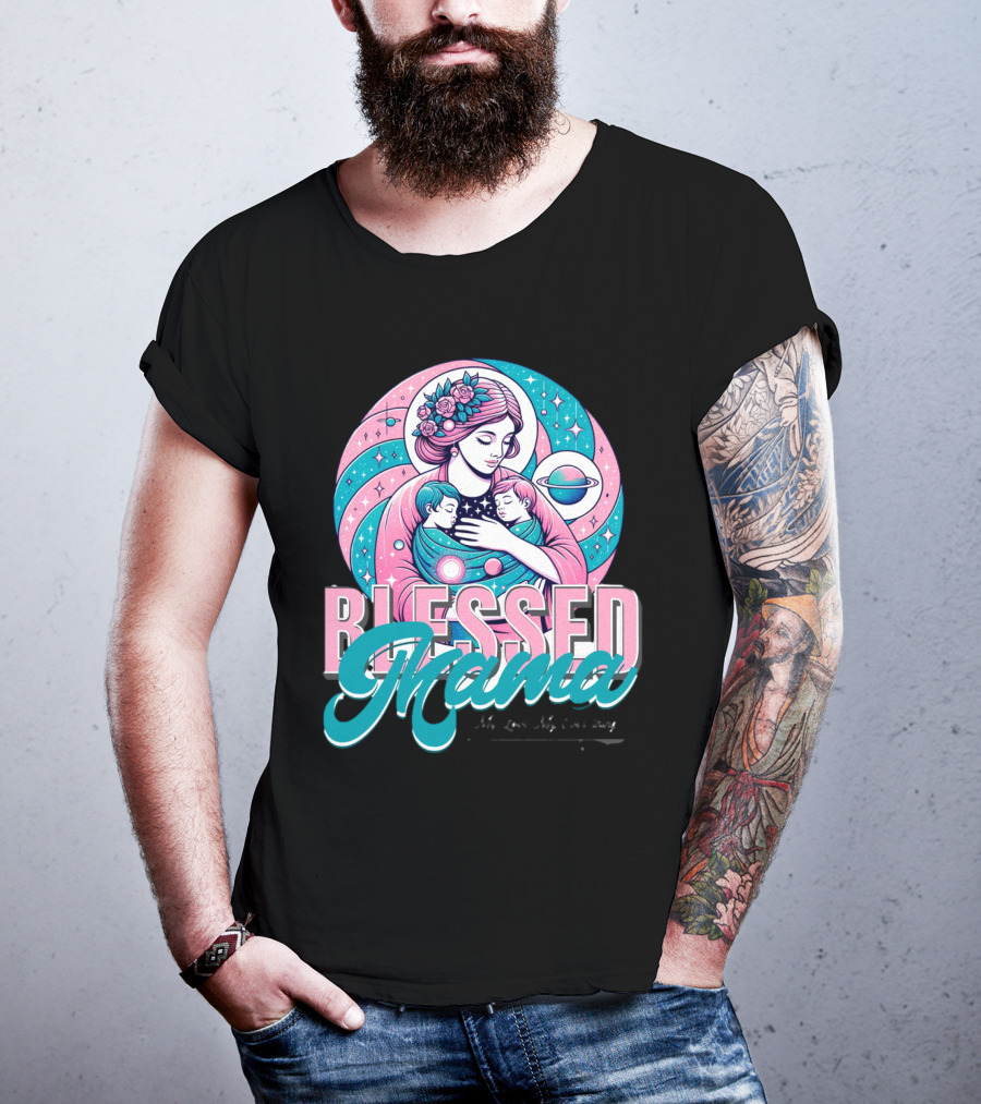 Blessed Mama Cosmic Mother With Children And Floral Halo T-Shirt