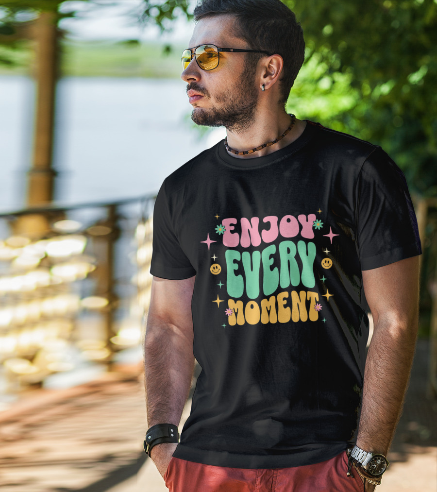 Enjoy Every Moment Retro Smiley Flowers And Stars T-Shirt