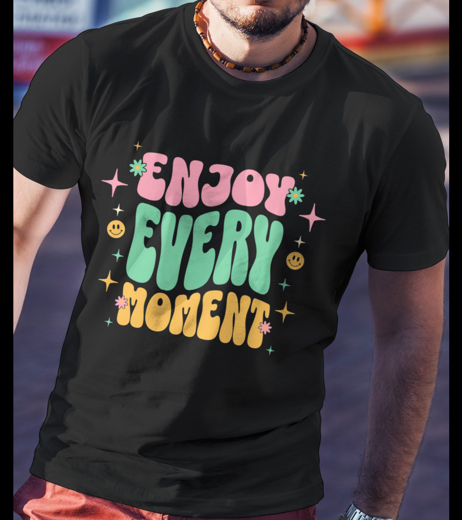 Enjoy Every Moment Retro Smiley Flowers And Stars T-Shirt