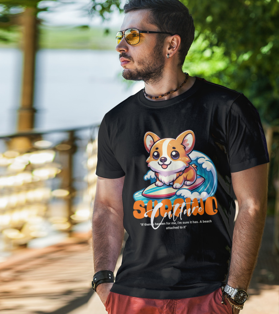 Surfing Culture Corgi On Surfboard With Wave T-Shirt