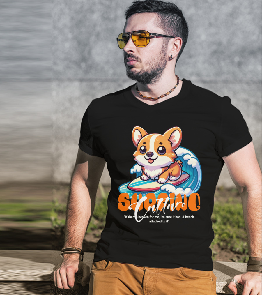 Surfing Culture Corgi On Surfboard With Wave T-Shirt
