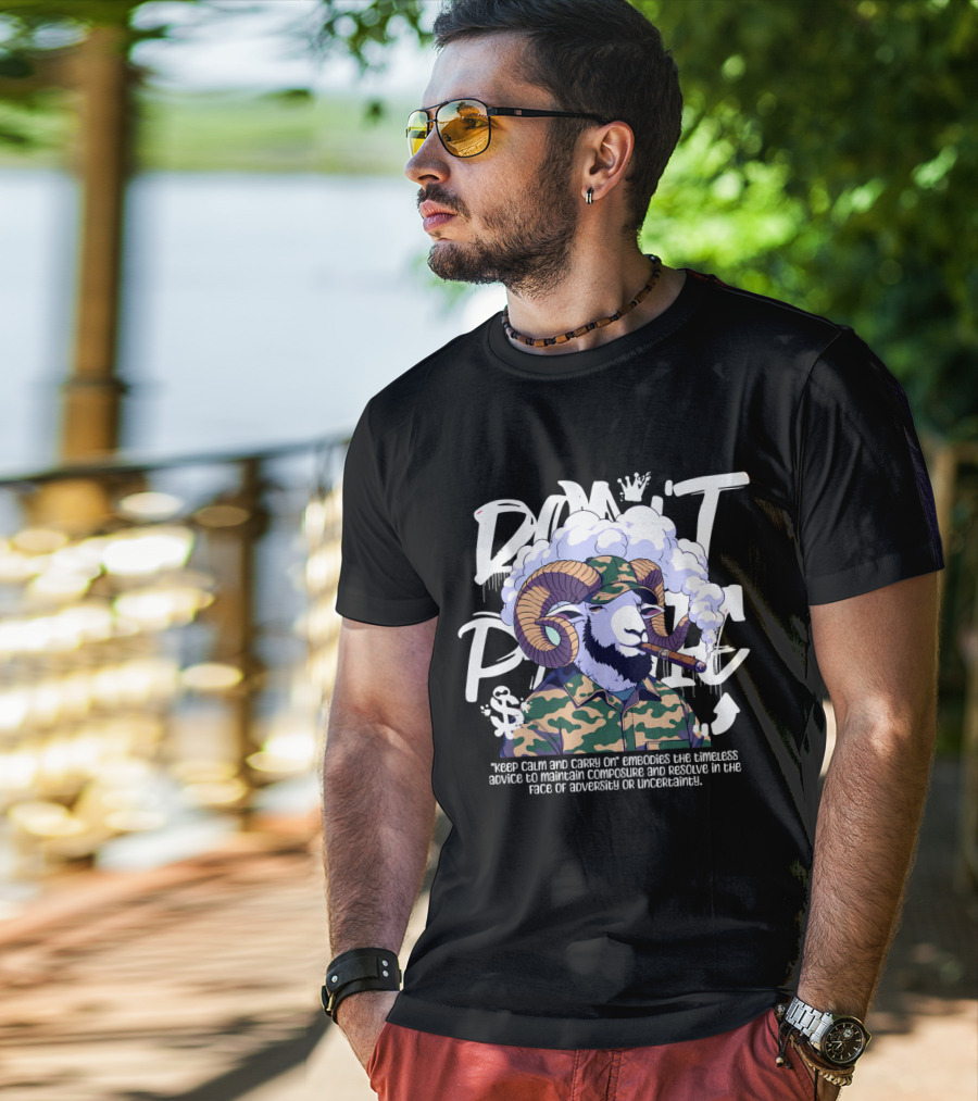 Don't Panic Keep Calm And Carry On Ram With Camo And Cigar T-Shirt
