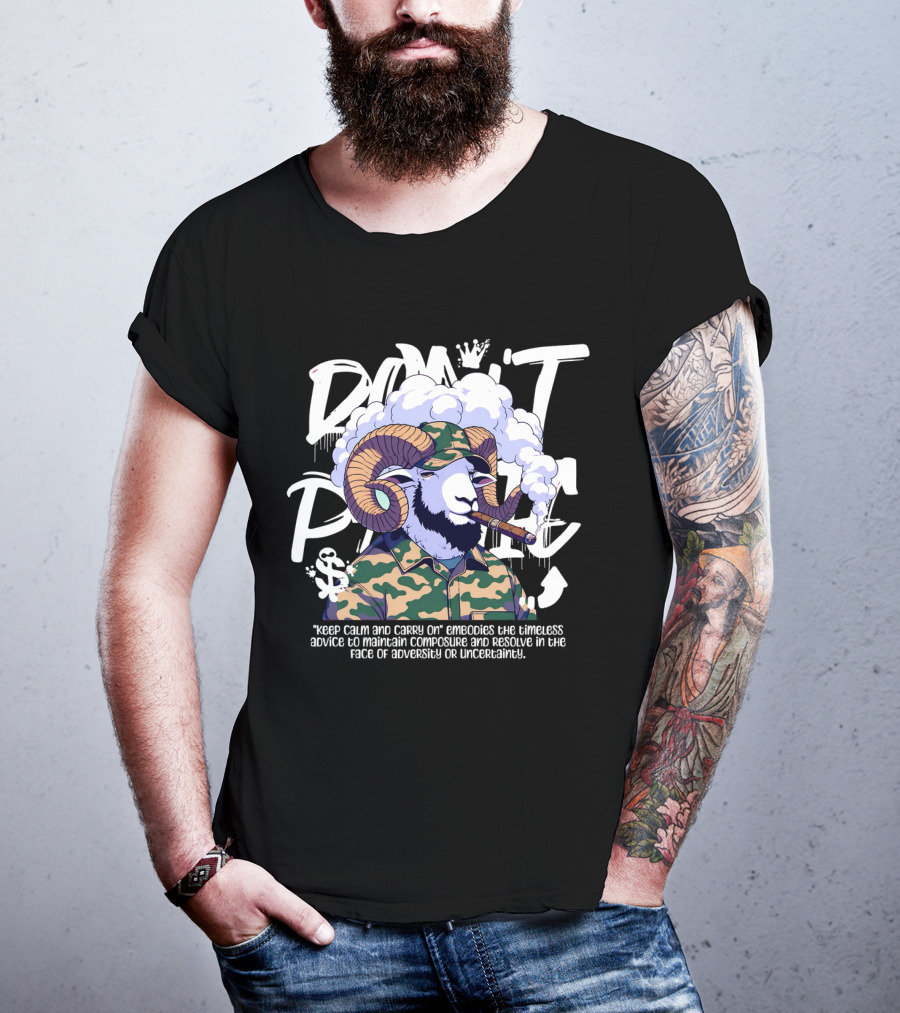 Don't Panic Keep Calm And Carry On Ram With Camo And Cigar T-Shirt
